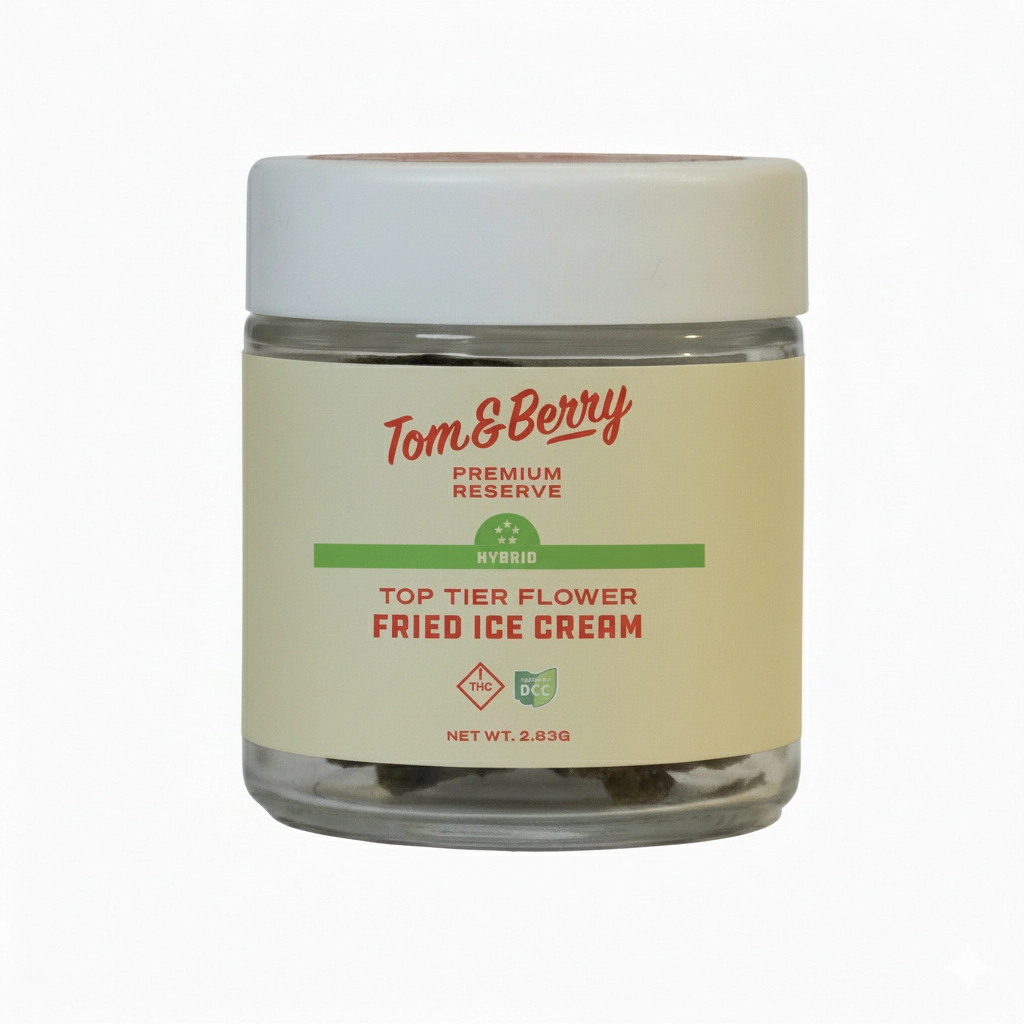 Fried Ice Cream flower in a Tom & Berry Premium Reserve glass jar with a cream and red label