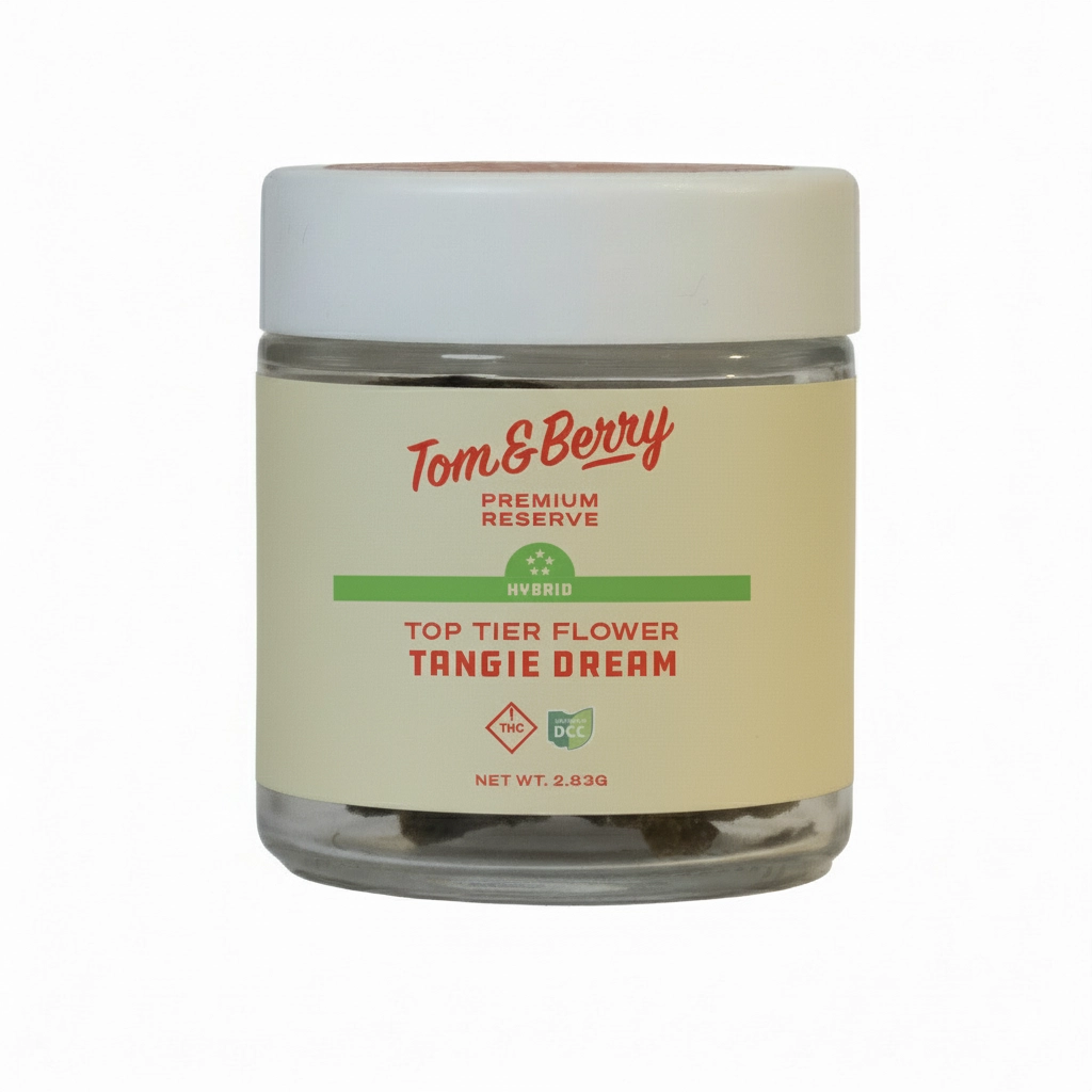Tangie Dream flower in a Tom & Berry Premium Reserve glass jar with a cream and red label