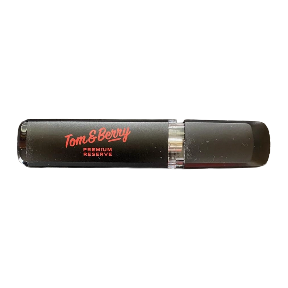 Big T OG live resin disposable vape in matte black with the Tom & Berry Premium Reserve logo